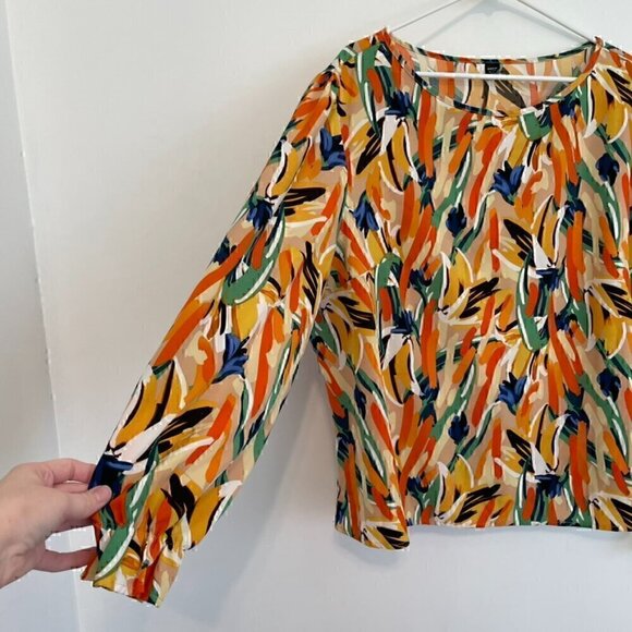 SHEIN CURVE Plus Size Abstract Flounce Sleeve Blouse Brushstroke Long Sleeve 4XL - Picture 8 of 13